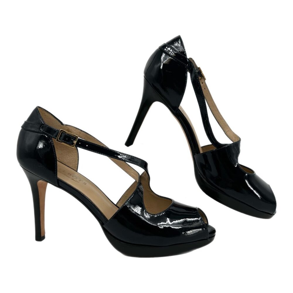 Talbots Black Criss Cross Strap Peep Toe Heels | Buckle Closure